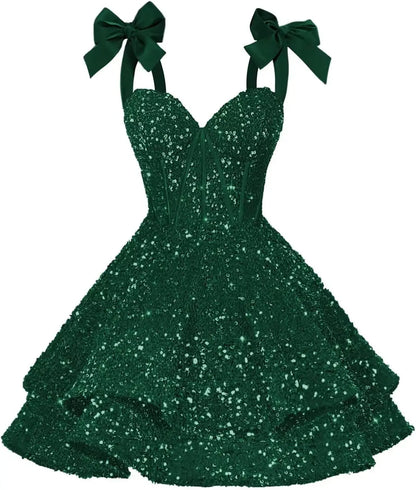Sparkly Sequin Bows Homecoming Dresses 2026 Short Spaghetti Straps Tiered Satin Sweet Prom Cocktail Dress Graduation Dress