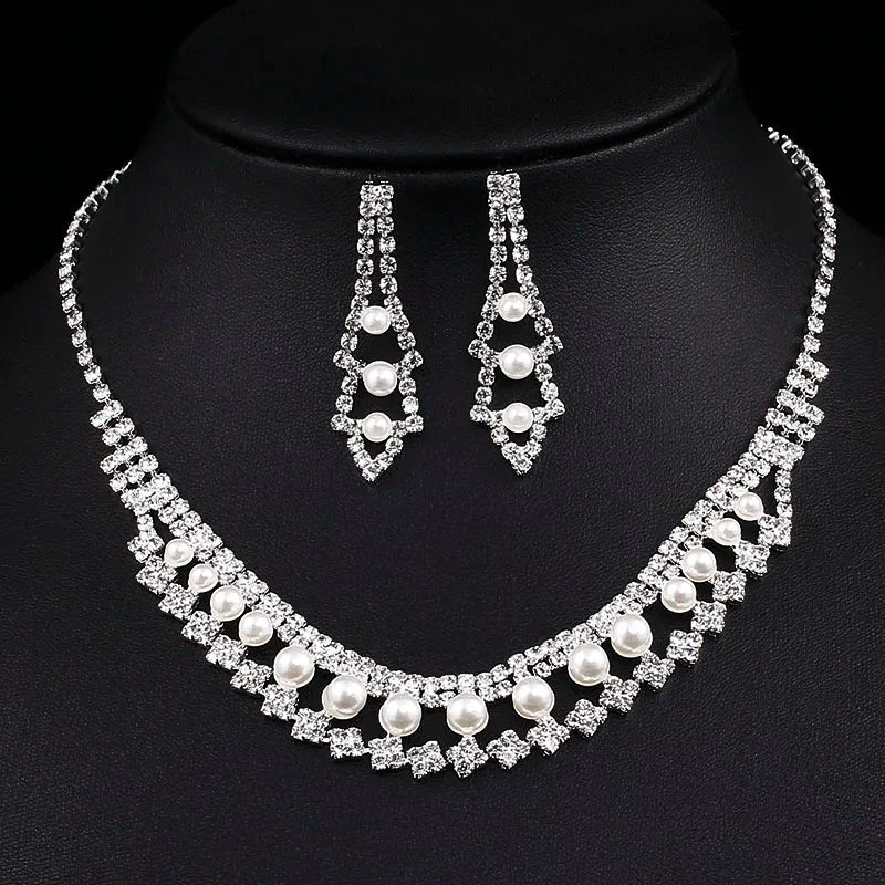 Silver Color Pearl Crystal Bridal Jewelry Sets Wave Shape Choker Necklace Earrings Sets for Women Wedding Jewelry Sets