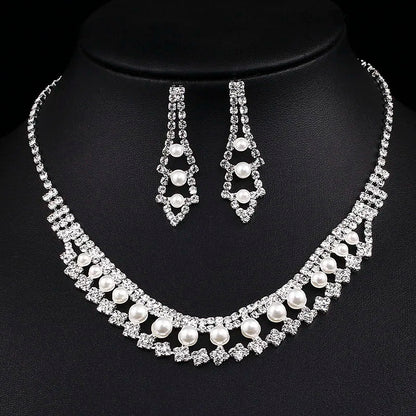 Silver Color Pearl Crystal Bridal Jewelry Sets Wave Shape Choker Necklace Earrings Sets for Women Wedding Jewelry Sets