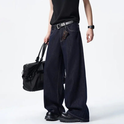 Calça Jeans Masculina Azul Escuro Solta Comprida Reta Clássica De Comprimento Do Chão Atacado Venda Quente Minimalista Casual Streetwear
