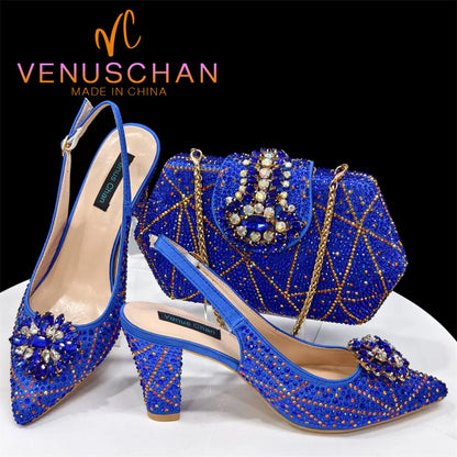 INS Style Green Party Shoe and Bag Set in Women Pointed-Toe Rhinestone High Heels Elegant African Ladies Shoes