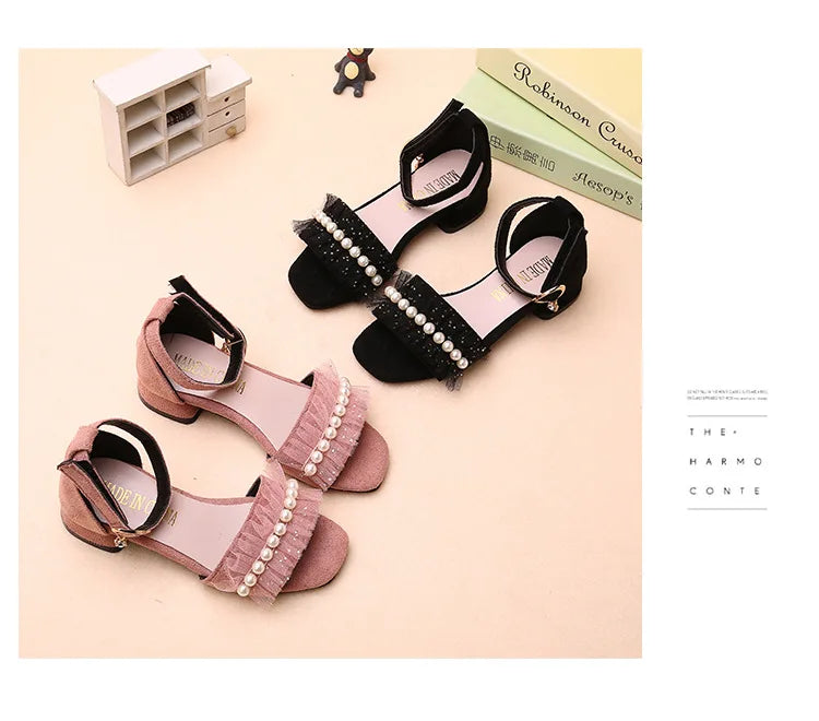 Girls Sandals Summer Shoes Cute Pearls Roman Shoes Pink Black Beading Open-toe Kids Fashion Girls Party Sandals Kids Shoes Chic