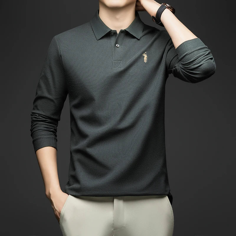 100% Pure Cotton Men's Long Sleeved Polo Shirt, Collar T-shirt, Spring and Autumn Top, No Ironing, Wrinkle Resistant Embroidery