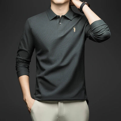 100% Pure Cotton Men's Long Sleeved Polo Shirt, Collar T-shirt, Spring and Autumn Top, No Ironing, Wrinkle Resistant Embroidery