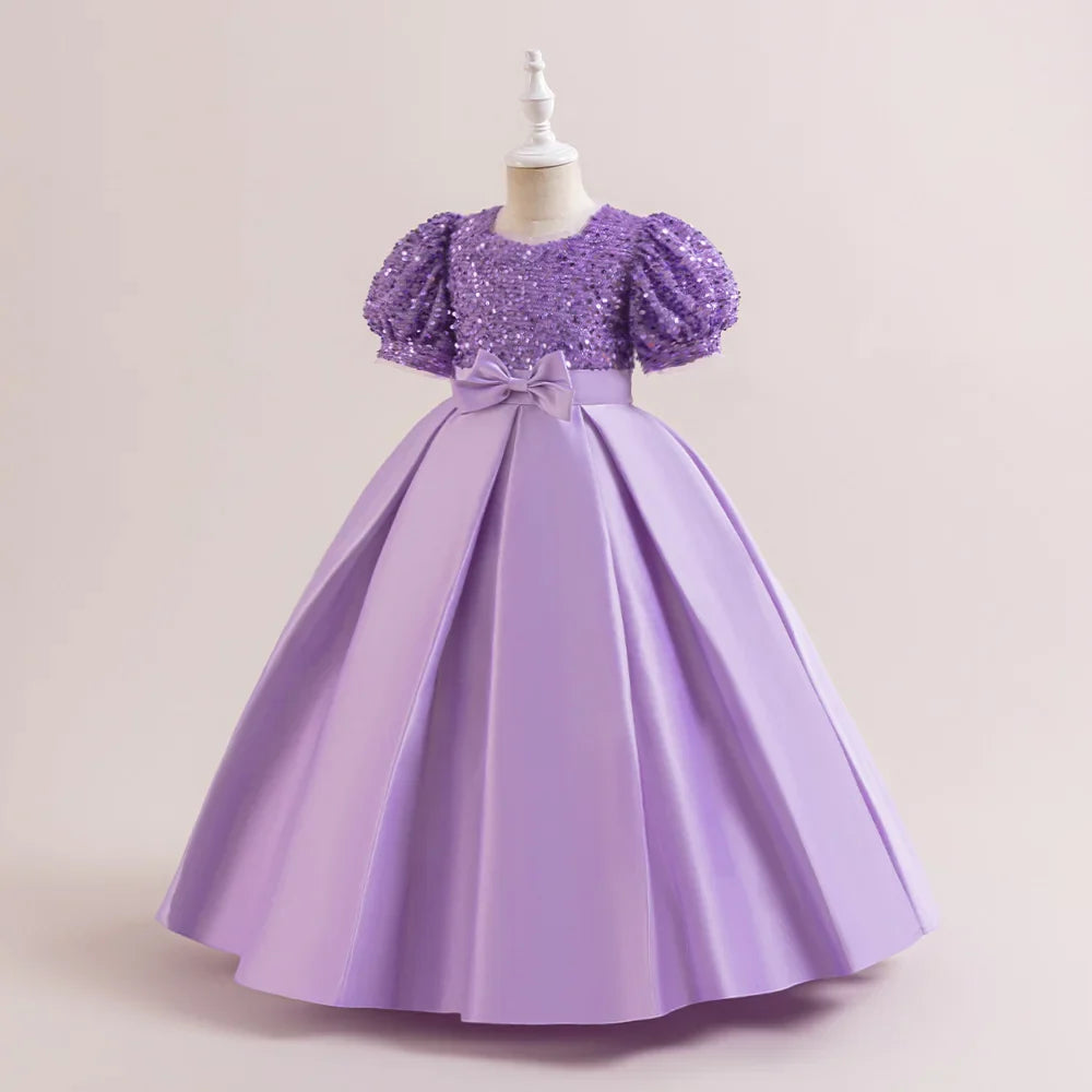 Summer Sequin Bridesmaids Party Girl Dress Elegant Bow Wedding Princess Prom Kids Dress For Girls Gala Birthday Evening Costumes