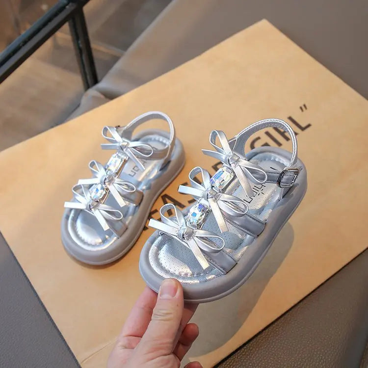 Summer Kids Fashion Hollow-out Roman Sandals Student Water Diamond Bow Sandals Sweet Bowknot Comfortable Elegant Girls Shoes
