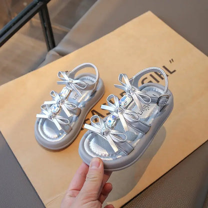 Summer Kids Fashion Hollow-out Roman Sandals Student Water Diamond Bow Sandals Sweet Bowknot Comfortable Elegant Girls Shoes