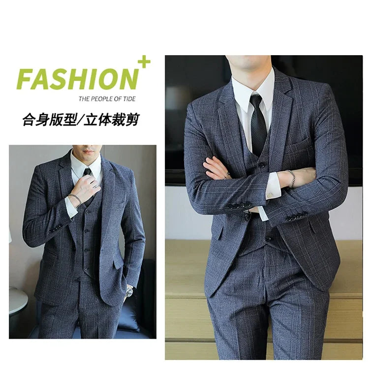 Hemp (blazer+Vest+Pants) Fashion Business Leisure Hosts Slim-fit Cotton Hemp Gentleman Wedding Work Wedding Suits for Men M-5XL