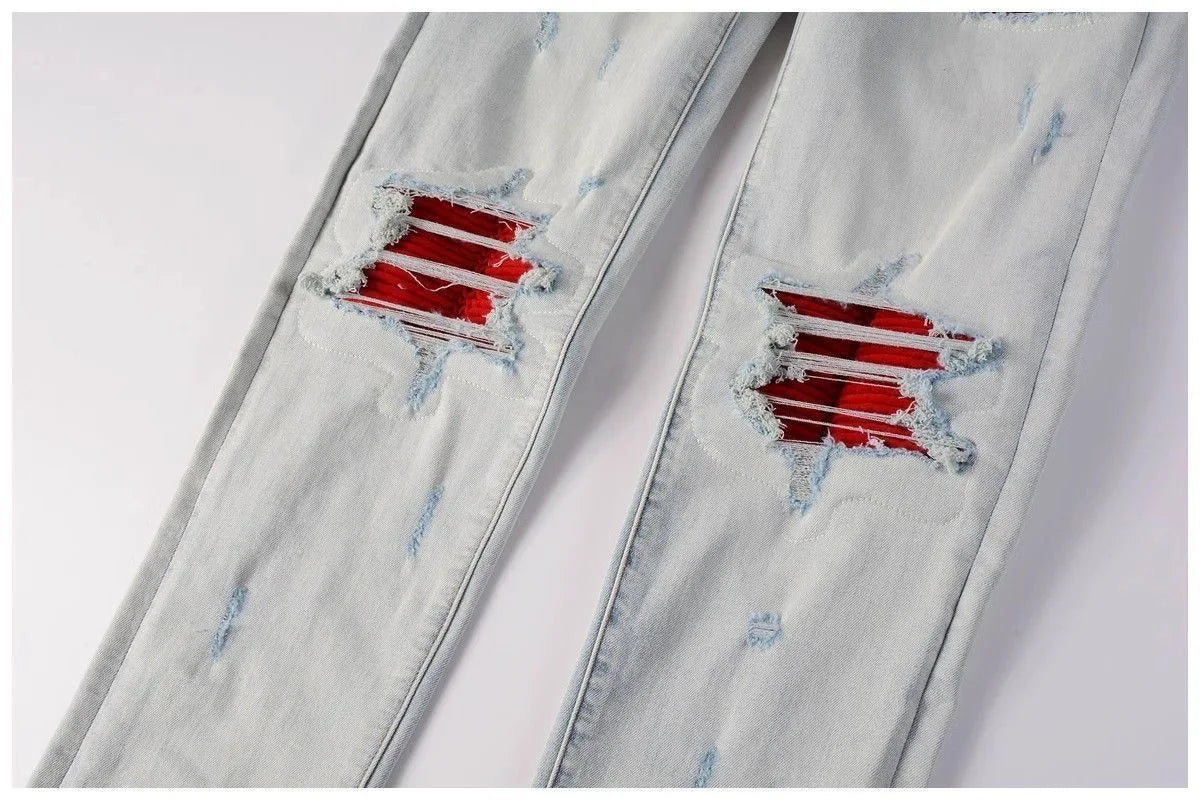 Calça Jeans Masculina de Cintura Reta Rasgada, Cor Sólida, Elástica, Respirável, Confortável e de Alta Qualidade, Nova Tendência Primavera Outono
