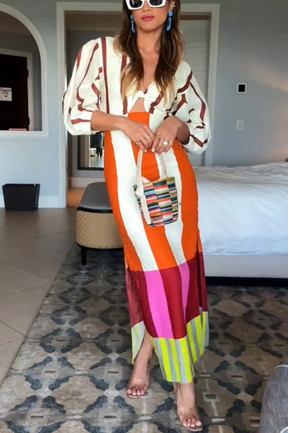 Women Linen Material Long Dresses Fashion Chic Print Sexy V-neck Hollow Out High Waist Party Dress Lady robes