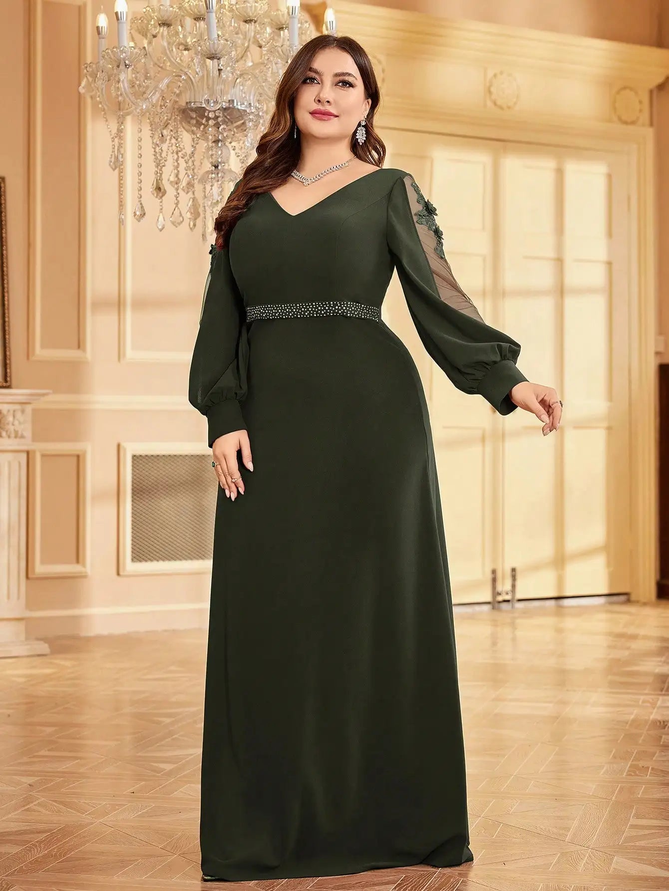 Plus Size Luxury V-Neck Red Long Sleeves Applique Formal Evening Dresses Women V-back Wedding Party Maxi Guest Gowns
