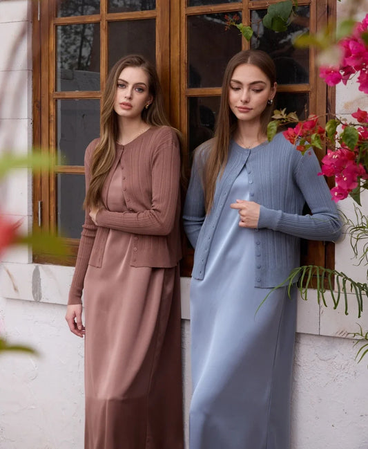 Lace slip satin dress + lace satin skirt +knitting vest + knitting cardigan collection woman dressy outfit
