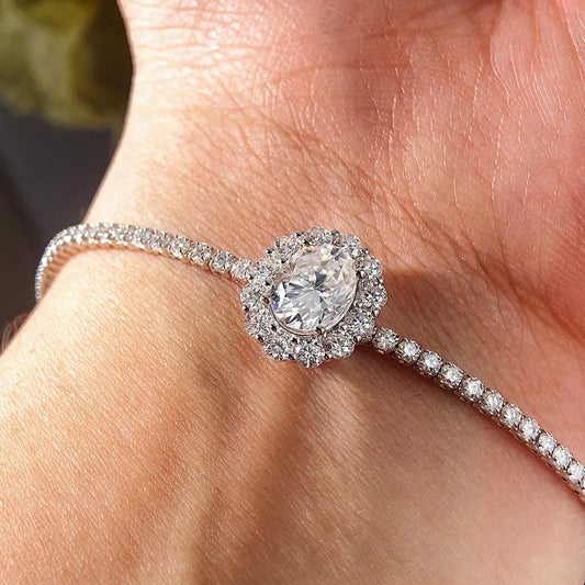 2mm Full Moissanite Tennis Bracelet With 2carat Halo Oval Cut Diamond Pendant Wrist Chain S925 Silver Fine Jewelry For Women