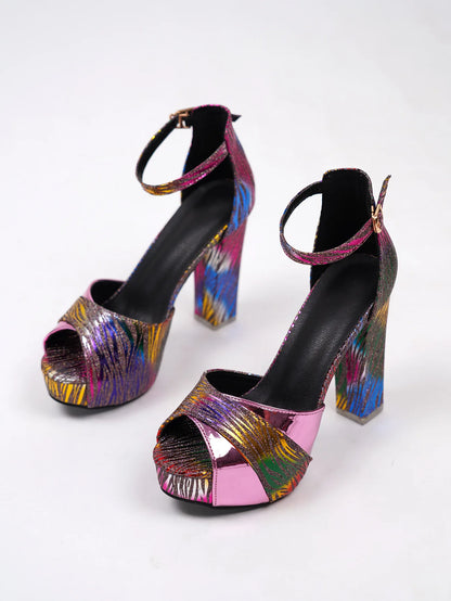 Colorful Catwalk Shoes Women's Super High Heels Sandals Waterproof Platform Coarse Heel Peep-toe Sandals