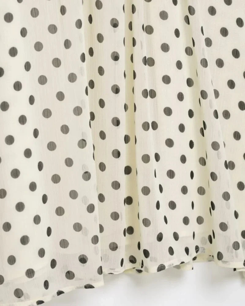 Elegant Women Polka Dot Blouse, Spring Bow Tie Lantern Sleeve Layered Neck Chiffon Shirt, Casual Daily Office Top
