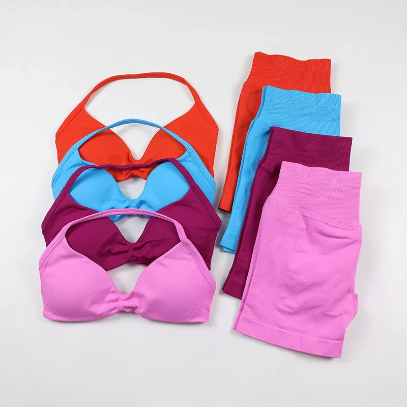 Scrunch Seamless Yoga Set Women Sportswear Ribbed Gym Shorts Strappy Sports Bra 2 Piece Set Halter Workout Clothes Fitness Suit