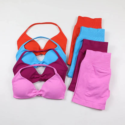 Scrunch Seamless Yoga Set Women Sportswear Ribbed Gym Shorts Strappy Sports Bra 2 Piece Set Halter Workout Clothes Fitness Suit