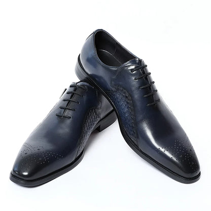 Classy Men's Genuine Leather Oxford Dress Shoes Blue Black Lace-up Brogue Pointed Business Wedding Party Formal Shoes for Men