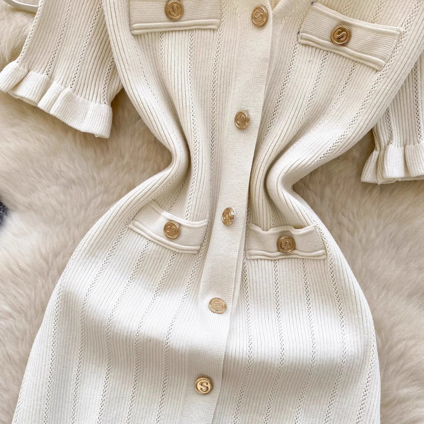 Fashion Vintage Knitted Long Dress Spring Summer Women Elegant V-neck Ruffled Bodycon Sweater Dress Party Vestido