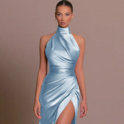 Womens Elegant Long Formal Evening Cocktail Party Dress Sexy High Split Ruched Bodycon Wedding Guest Bridemaid Maxi Dress