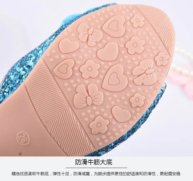 Girls Summer Sandals Slipper Sequined Princesse Children High Heel Party Dress Shoes Leather Slipper For Kids Slides