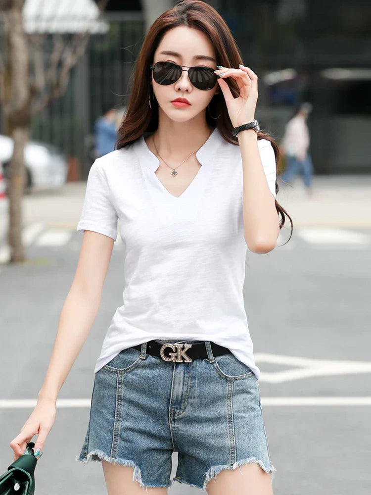 Summer Bamboo Cotton T-Shirt Cotton Women V-Neck Soft Tshirts Female Basic Fashion Classic S-3XL Ladies Tops