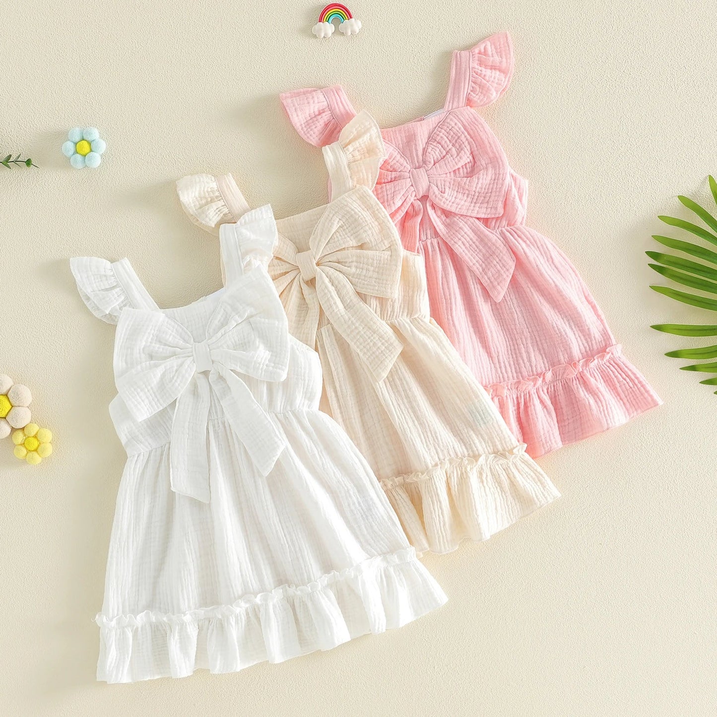 Toddler Kids Baby Girls Summer Casual Dress Princess Girls Solid Cotton Linen Fly Sleeve Bowknot Holiday Party Dress Sundress