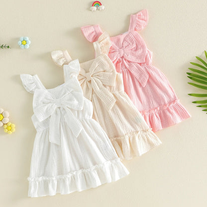 Toddler Kids Baby Girls Summer Casual Dress Princess Girls Solid Cotton Linen Fly Sleeve Bowknot Holiday Party Dress Sundress