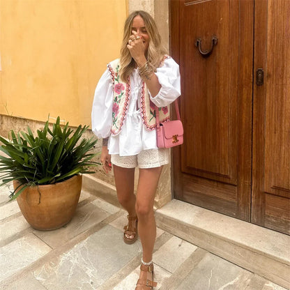 European and American Style 2024 Spring and Summer Women's New Fashionable and Versatile Round Neck Sleeveless Embroidered Vest