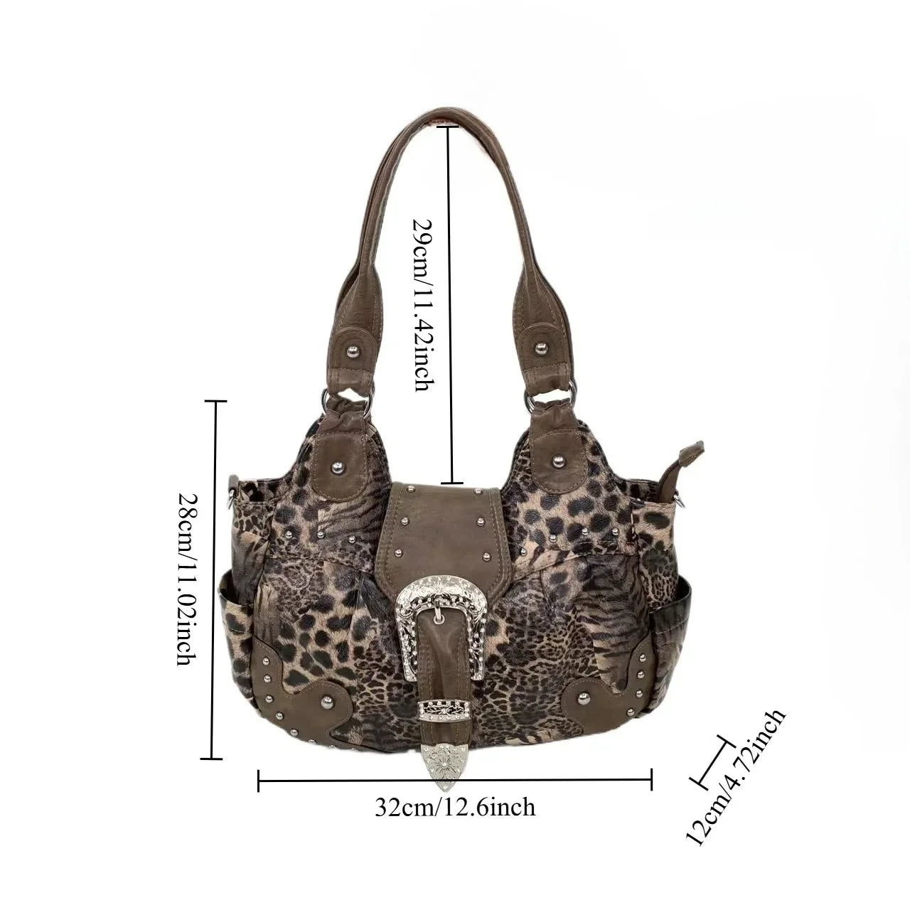Y2K street personality spicy girl leopard print patchwork tote bag with multiple pockets and rivets retro crossbody handbag
