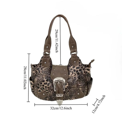 Y2K street personality spicy girl leopard print patchwork tote bag with multiple pockets and rivets retro crossbody handbag