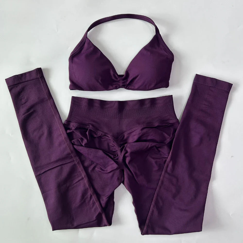 2 Pieces Set For Woman Strappy Yoga Bra Sports Top Workout Leggings Set Seamless Gym Set Fitness Clothes Outfit Activewear