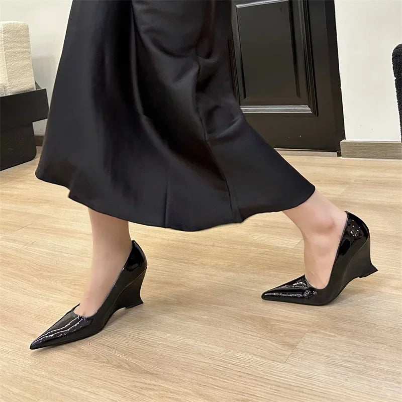 New Design Pointed Toe Wedges High Heels Women Pumps Silver Red Shoes Sexy Wedding Banquet Zapatos Mujer