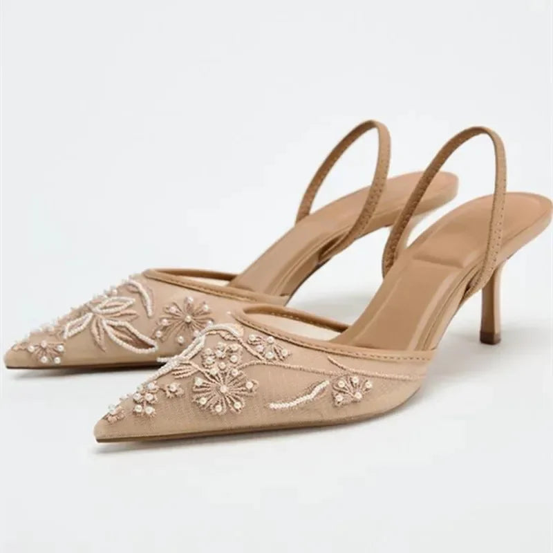 Luxury Mesh String Bead Design High Heels Women High Quality Hand Embroidery Heeled Sandals Elegant Banquet Slingback Dress Shoe