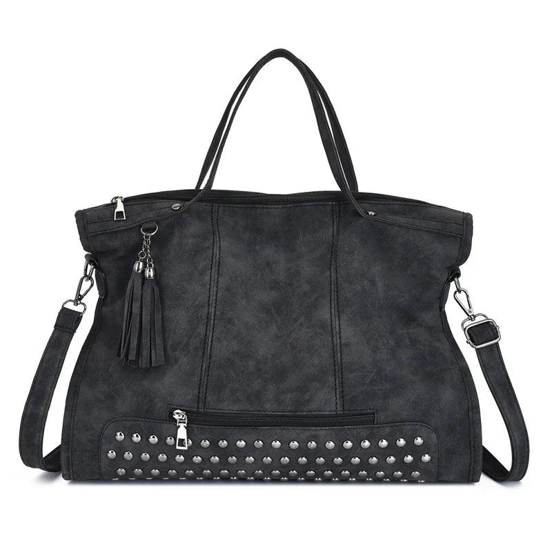 Vintage Designer Luxury Women Tote Bag Casual Lage Capacity Handbags Fashion Rivet Tassel PU Leather Female Shoulder Bag