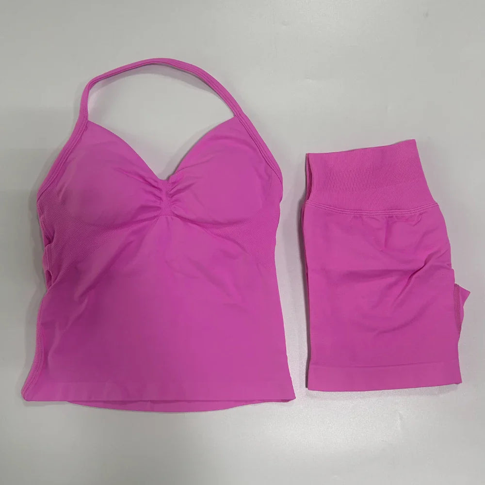 No Logo 2 Pieces Sports Set Workout Clothes Shorts Sets Gym Strappy Top Scrunch Shorts Yoga Clothing Gym Set