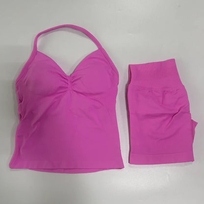 No Logo 2 Pieces Sports Set Workout Clothes Shorts Sets Gym Strappy Top Scrunch Shorts Yoga Clothing Gym Set