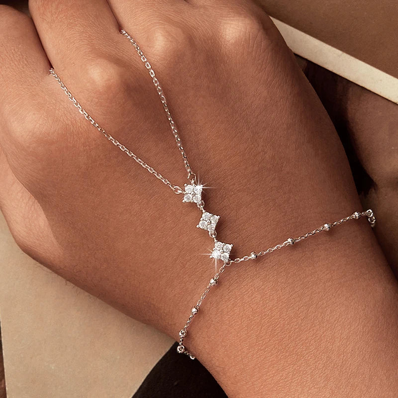 925 Sterling Silver Hand Chains Bracelet for Women, Dainty Four-leaf Clover CZ Bracelet and Ring Chain Body Jewelry