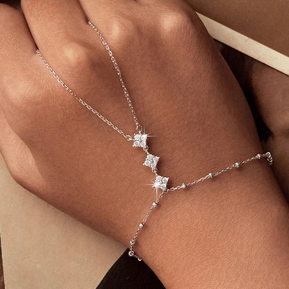 925 Sterling Silver Hand Chains Bracelet for Women, Dainty Four-leaf Clover CZ Bracelet and Ring Chain Body Jewelry