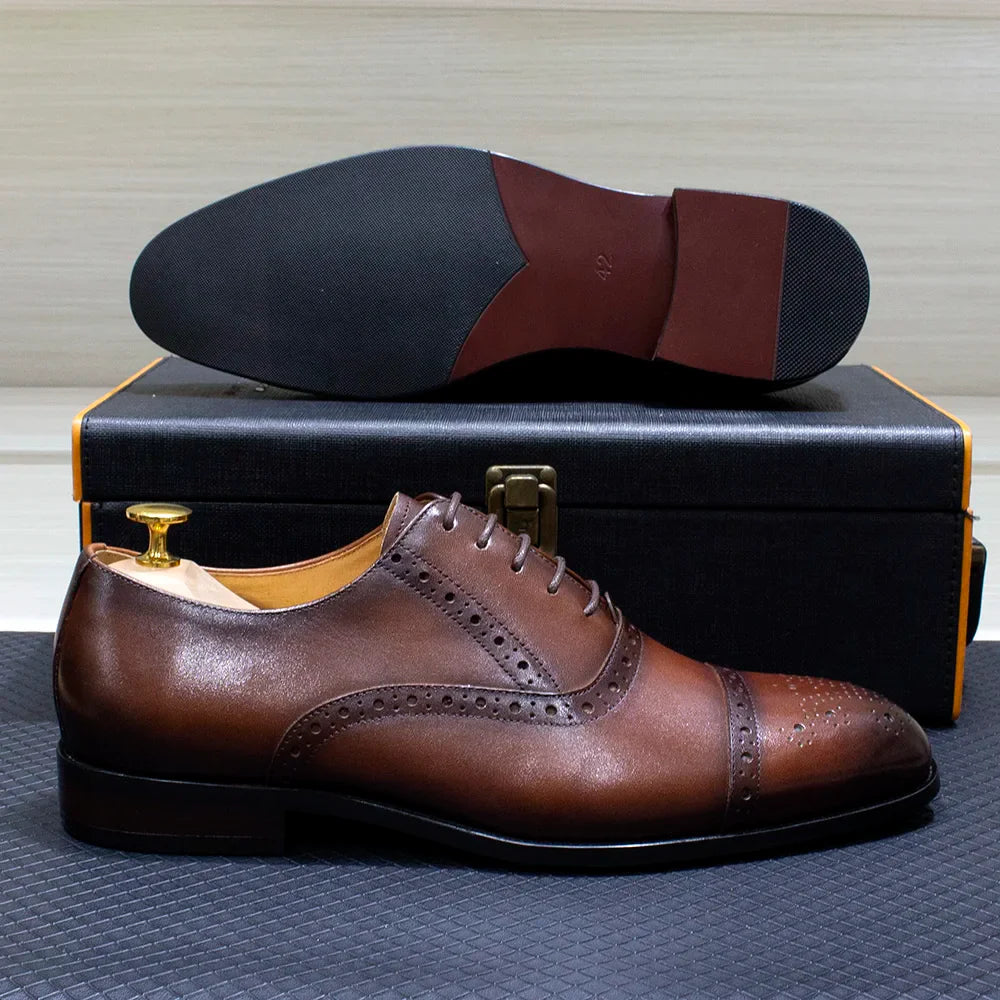 Luxury Genuine Leather Calfskin Cap Toe Oxfords Men's Dress Shoes Italian Style Lace-Up Wedding Business Formal Shoes for Men