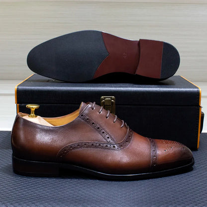 Luxury Genuine Leather Calfskin Cap Toe Oxfords Men's Dress Shoes Italian Style Lace-Up Wedding Business Formal Shoes for Men