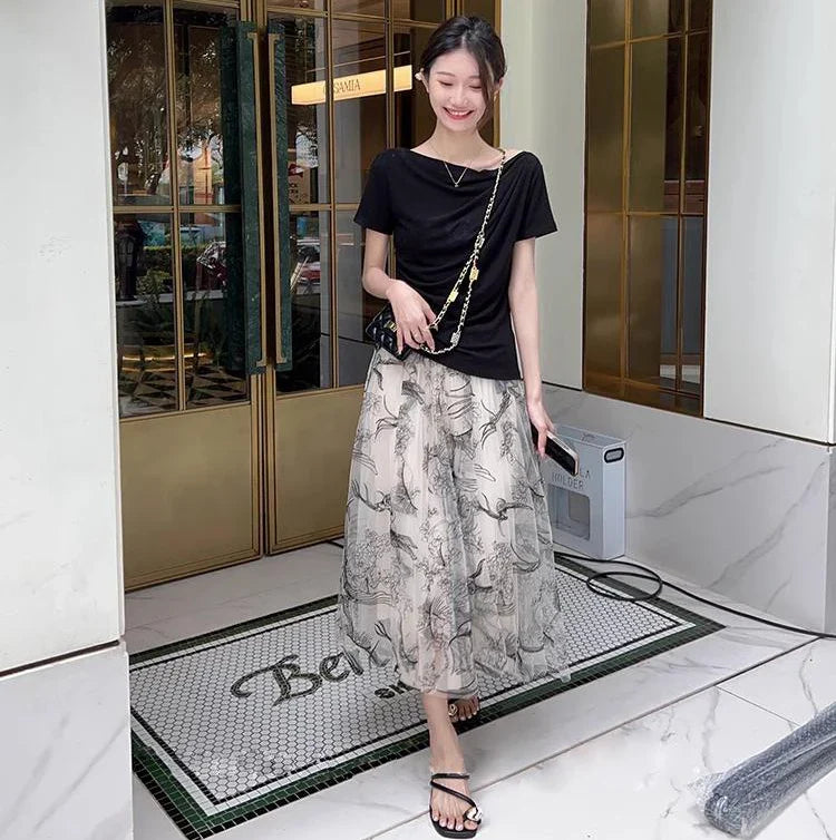 Women Flocking Flower Tulle Gauze Skirt Elegant Sweet Elastic Waist Midi Floral Mesh Skirt For All Season