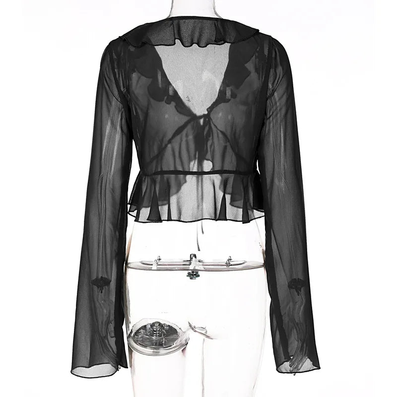 2025 Women Fungus Lace Solid See Through Silk Flare Sleeve V Neck Crop Tank Fashion Casual Sweet Girl Top