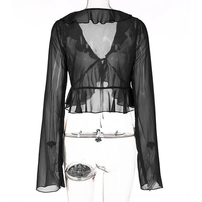 2025 Women Fungus Lace Solid See Through Silk Flare Sleeve V Neck Crop Tank Fashion Casual Sweet Girl Top