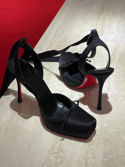 New style high heels with straps, satin toe cover, hollow square bow, thin heel, ballet style single shoes35-46