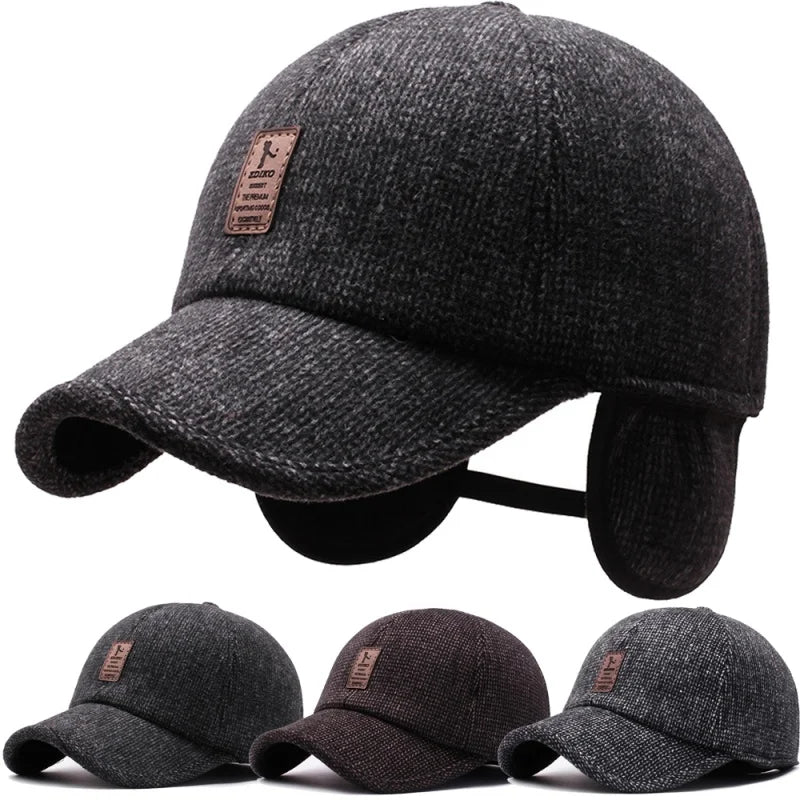 Autumn Winter Warm Men Woolen Baseball Cap Outdoor Ear Cover Earflaps Adjustable Hat Middle-aged Dad Hat With Earmuffs Design
