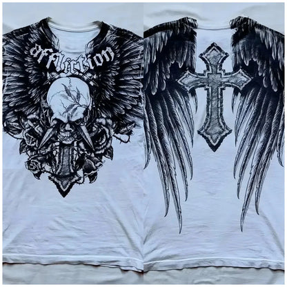 Camiseta masculina europeia e americana com estampa de caveira, confortável e respirável, gola redonda, moda de rua, top para ambientes externos