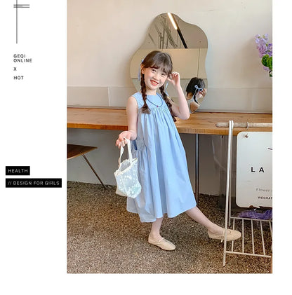 Summer Junior Girl Sleeveless Dress Solid Side Big Pockets Blue Ruched Dress For 2-10Y Girls Casual Round Collar Baby Girl Dress