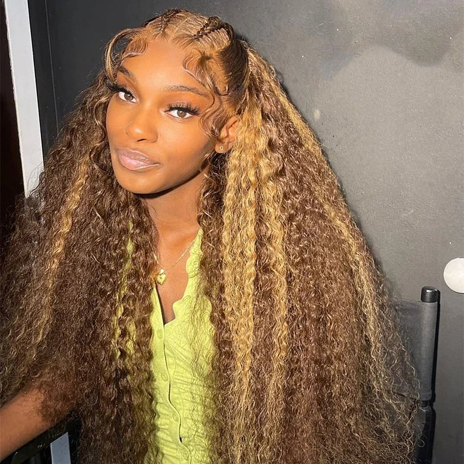 4/27 32 Inch Highlight Honey Brown Curly Lace Front Human Hair Wigs 13x6 Ombre Colored Deep Wave Lace Frontal Wigs Women ﻿