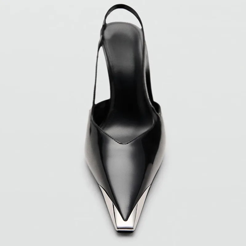Novelty Metal Pointed Toe High Heels Women 2026 New Elegant Slingback Heeled Sandals Sexy Black Patent Leather Designer Shoes